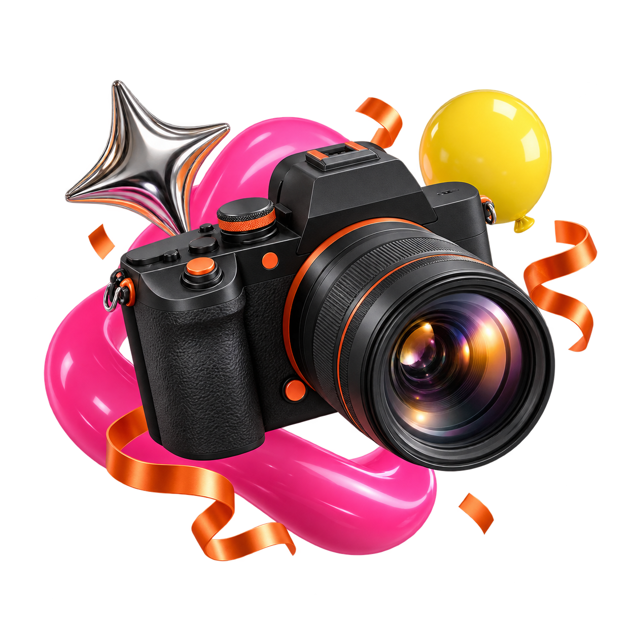 Sculptural 3D camera with a chrome sparkle, pink loop and celebration ribbons